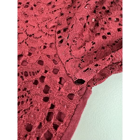 Hollister Y2K Womens Crochet Lace Long Sleeve Top S Burgundy Boho V-Neck Tie - Picture 7 of 12